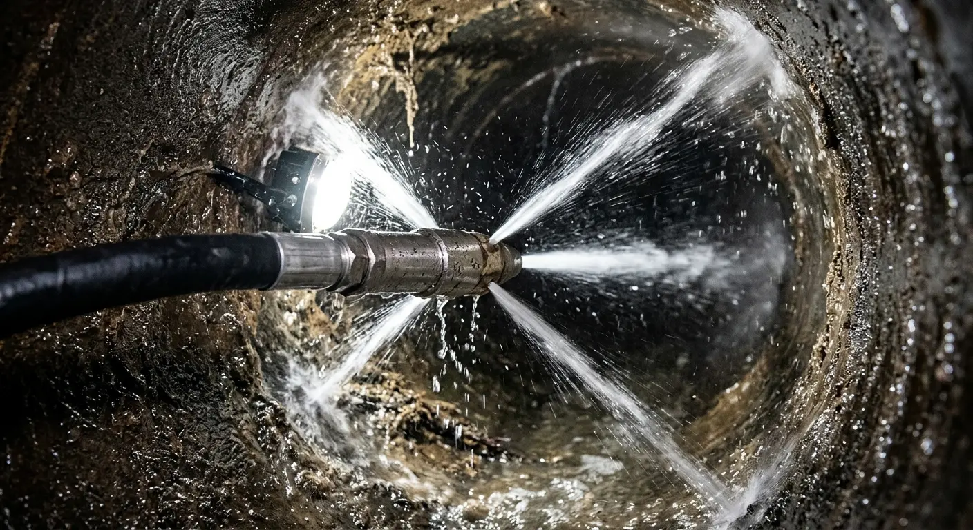 High-pressure hydro jetting nozzle cleaning sewer pipe for Sewer Line Relining in Ashland