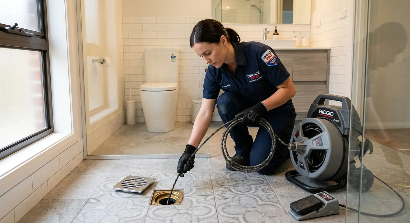 Technician clearing a bathroom floor drain for Clogged Drain Repair in Ashland